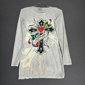 Ed Hardy Cross Long Sleeve Mesh Cover Up Mini Dress Women's Size XS